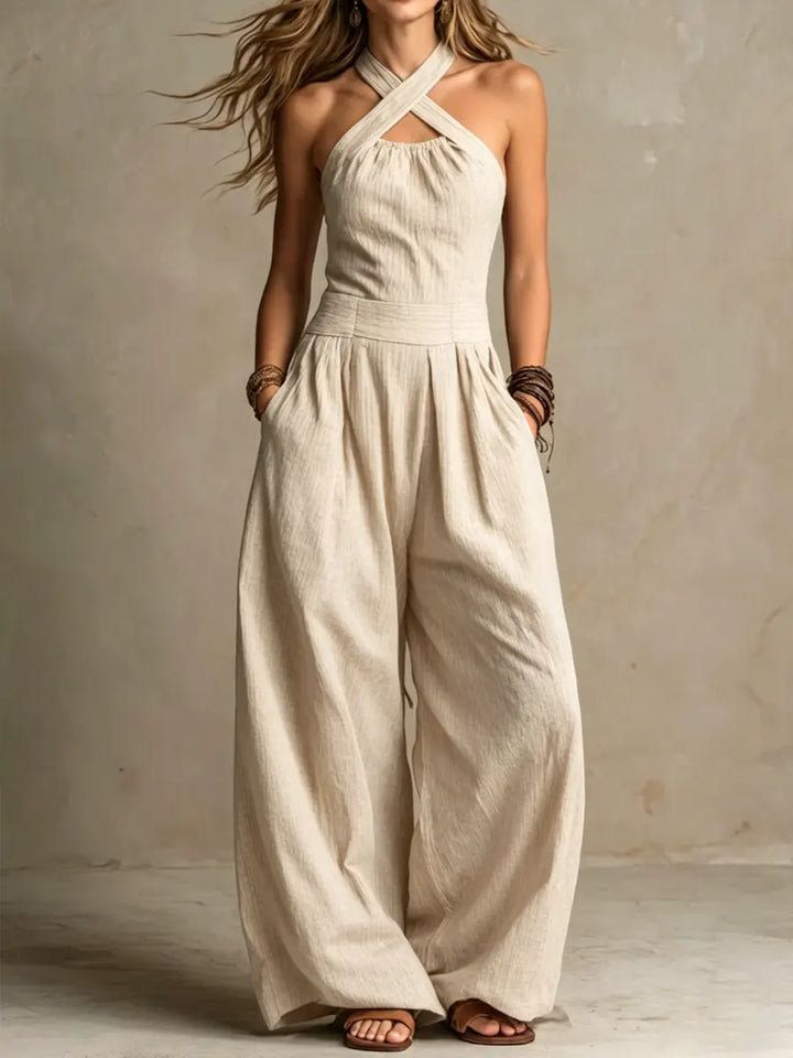 Bianca | Elegant Cross-Neck Linen and Cotton Jumpsuit