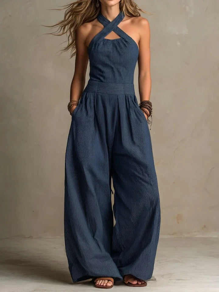 Bianca | Elegant Cross-Neck Linen and Cotton Jumpsuit